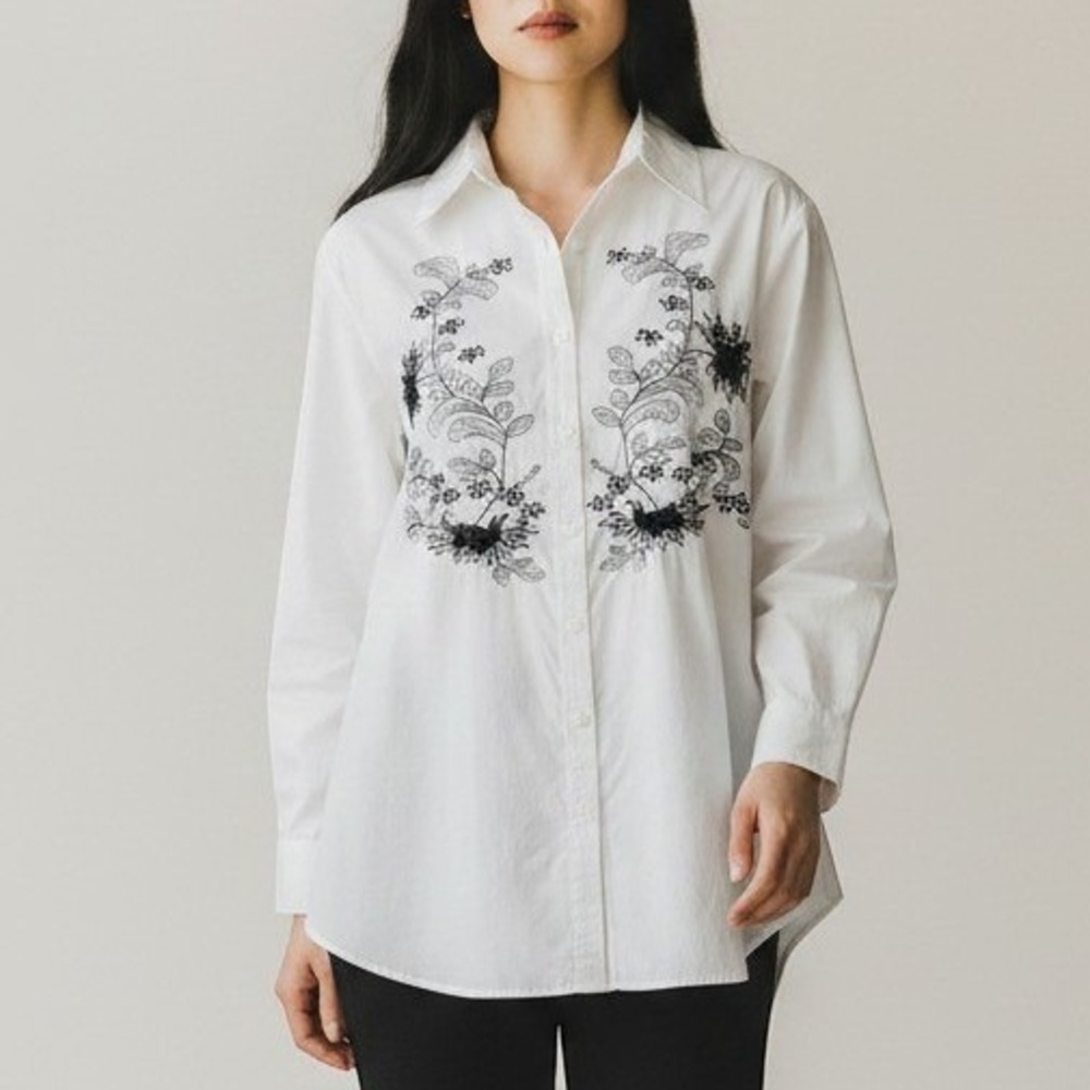 Avenue White Cotton Button Down Shirt Black Floral Embroidery Beaded Plus 14/16